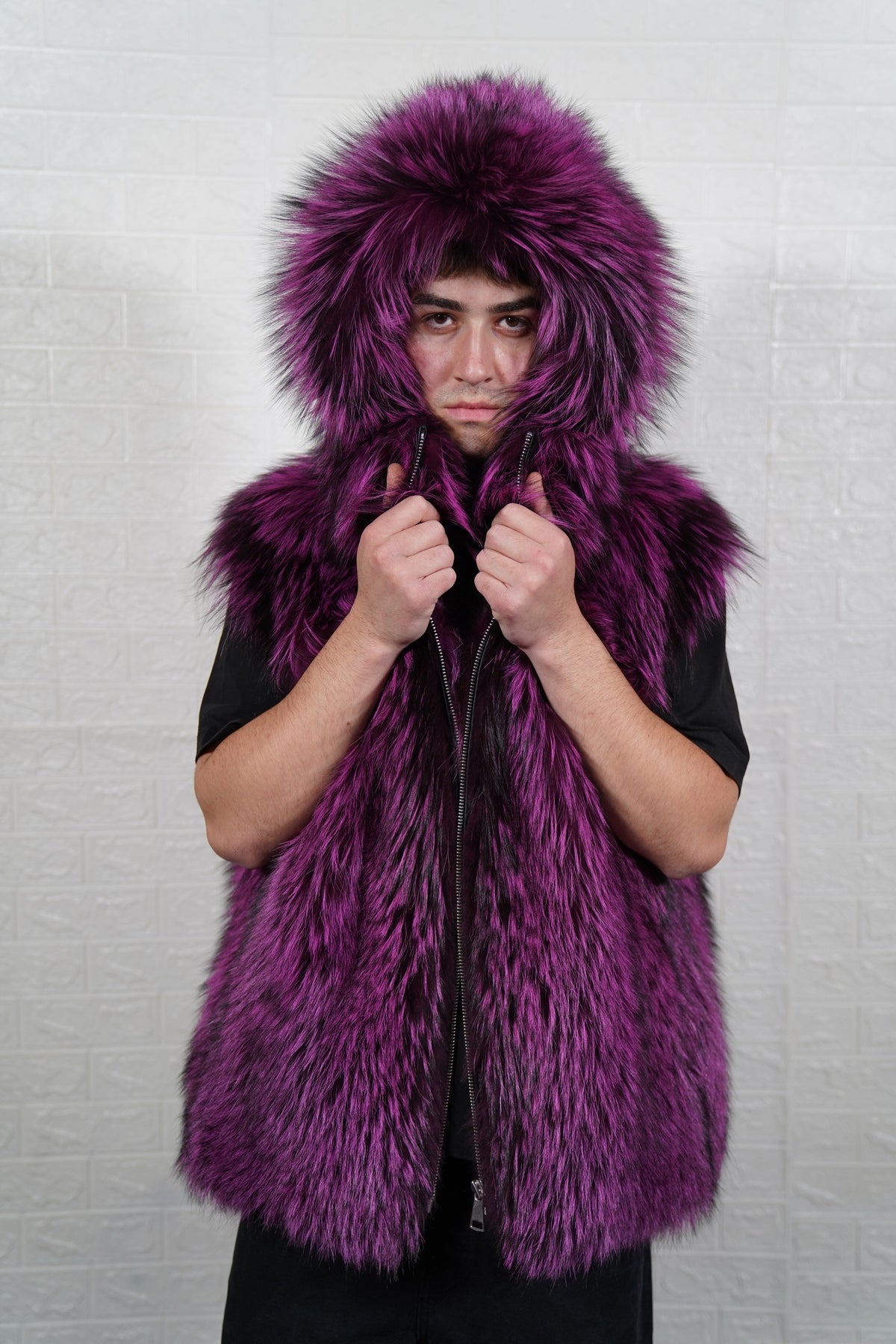 fox fur vest men purple black worn with the fur hood up framing the face in deep violet over jet black fox fur — TatiFurs