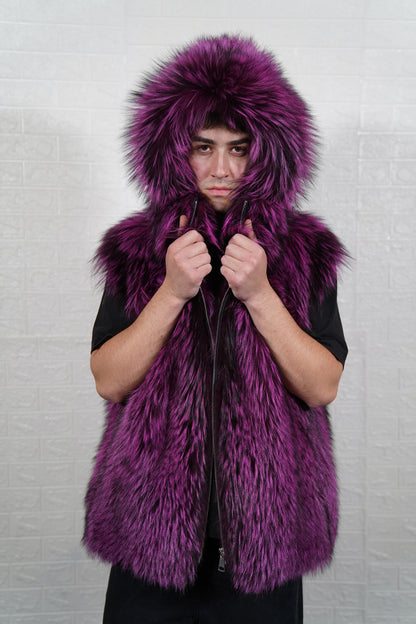 fox fur vest men purple black worn with the fur hood up framing the face in deep violet over jet black fox fur — TatiFurs