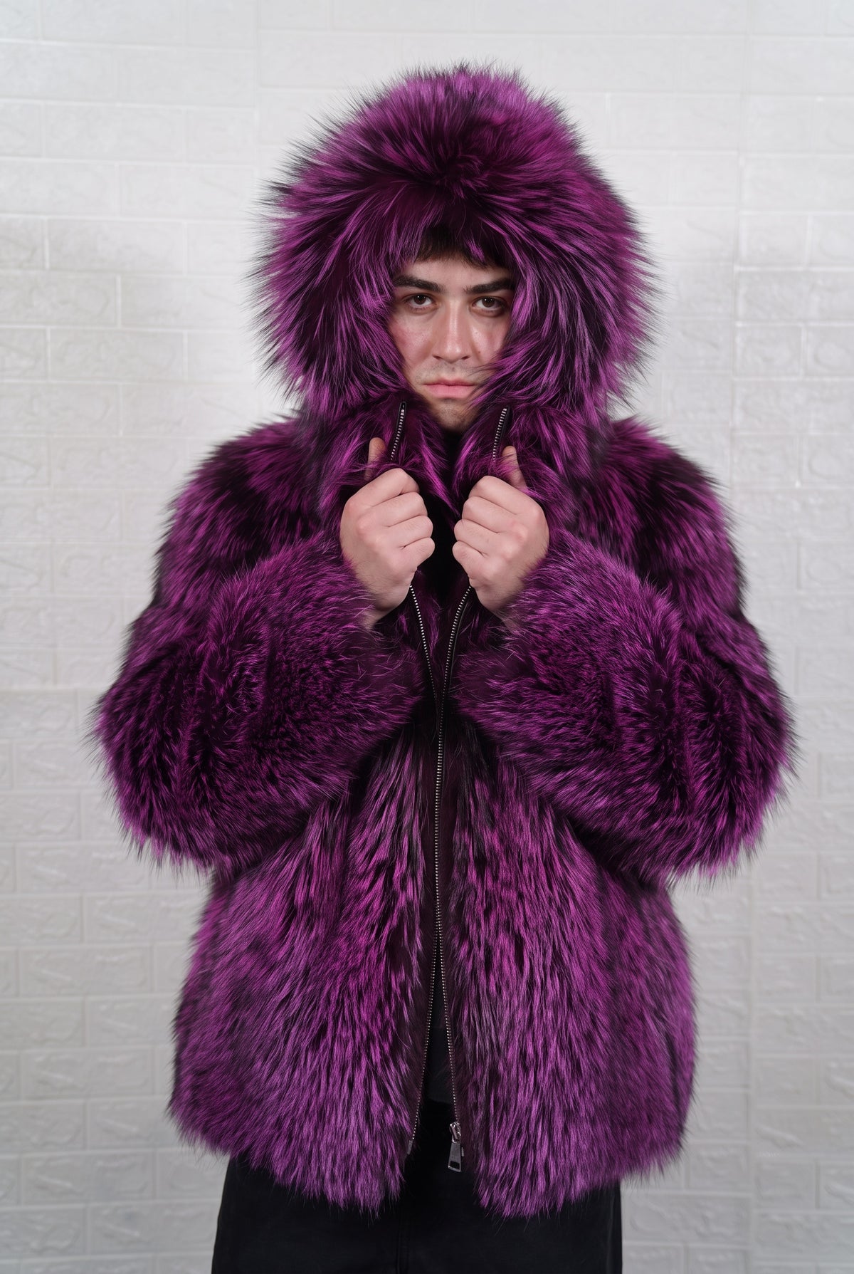 fox fur jacket men purple black worn with the fur hood up framing the face in deep violet over jet black fox fur — TatiFurs
