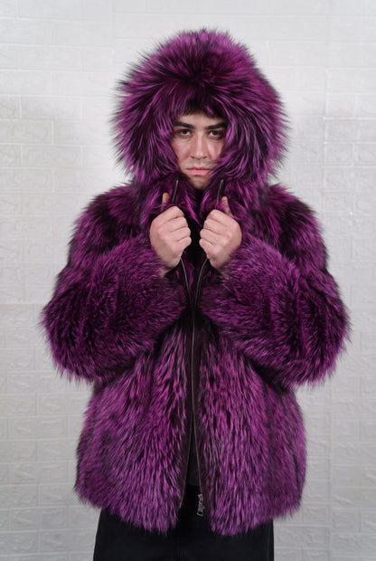 fox fur jacket men purple black worn with the fur hood up framing the face in deep violet over jet black fox fur — TatiFurs