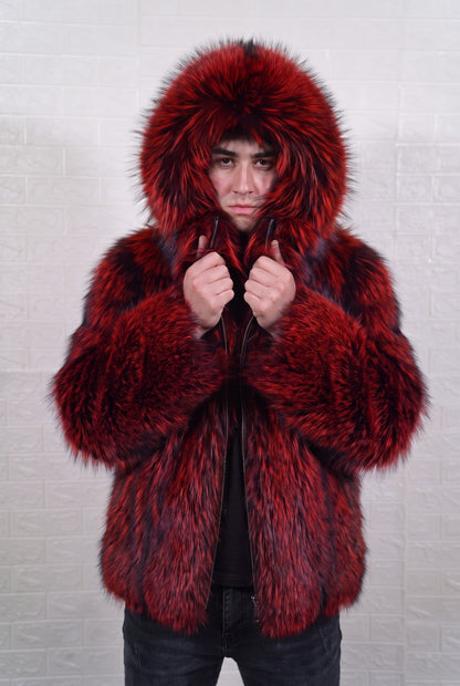 fox fur jacket men red black worn with the fur hood up framing the face in deep crimson over jet black fox fur — TatiFurs