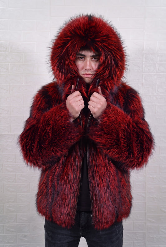 fox fur jacket men red black worn with the fur hood up framing the face in deep crimson over jet black fox fur — TatiFurs