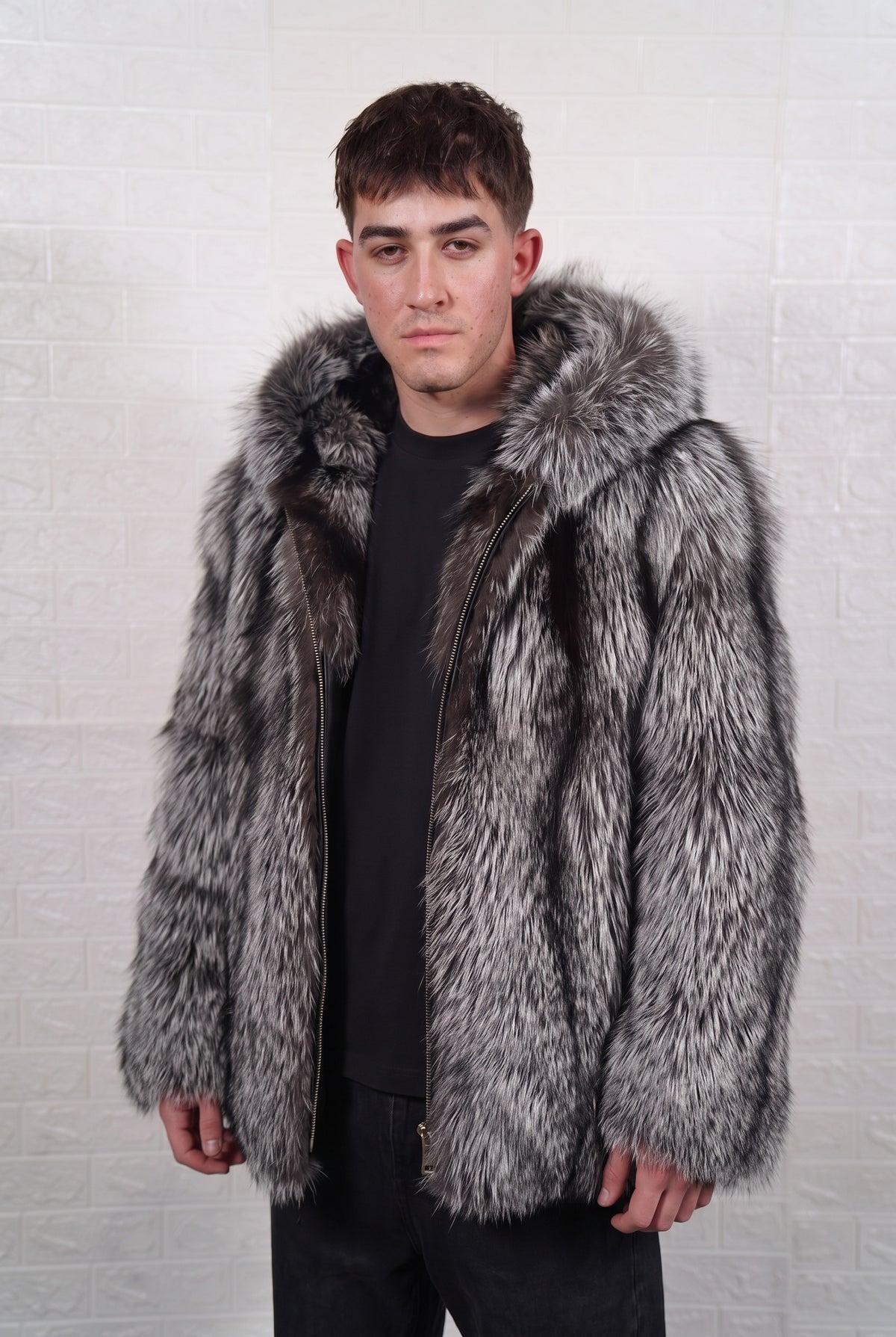 fox fur jacket men natural silver worn with the fur hood up framing the face in natural silver fox, black base with silver-white tips fox fur — TatiFurs