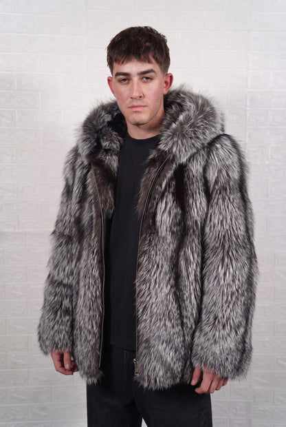 fox fur jacket men natural silver worn with the fur hood up framing the face in natural silver fox, black base with silver-white tips fox fur — TatiFurs