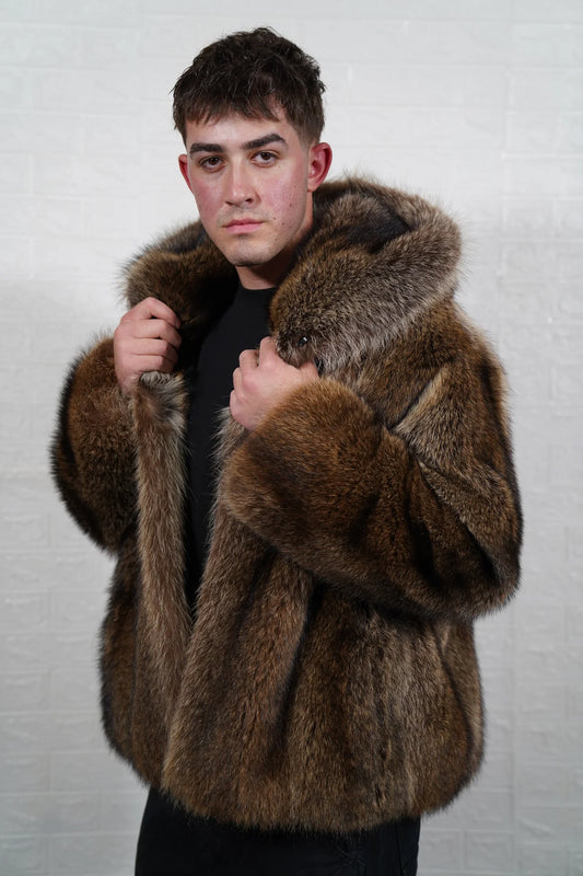 Raccoon fur jacket men natural brown hooded below hip — front view hood down, TatiFurs
