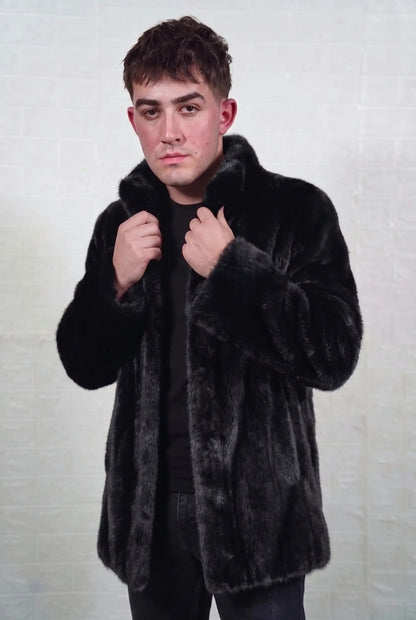 mink fur jacket men black full skin mid length — front view with both hands on the stand collar, glossy jet black mink with a rich, even sheen — TatiFurs