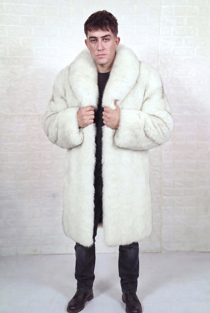 fox fur coat men blue natural front view with both hands on the fur collar showing natural blue fox, ivory-white underfur with a soft blue-grey veil at the tips fox fur — TatiFurs