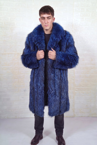 fox fur coat men blue black front view with hands on the fold-down fur collar showing electric blue over jet black fox fur — TatiFurs