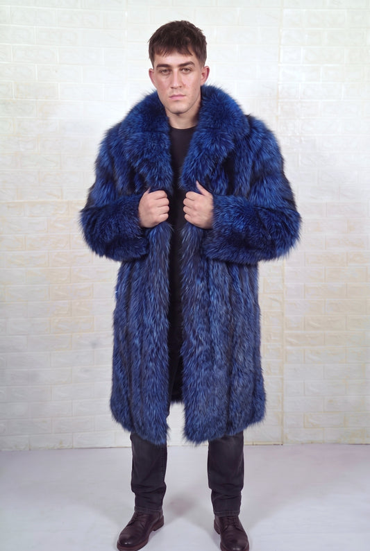 fox fur coat men blue black front view with hands on the fold-down fur collar showing electric blue over jet black fox fur — TatiFurs