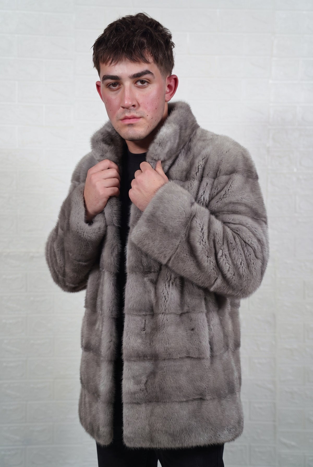 mink fur jacket men natural gray full skin mid length — front view with both hands on the stand collar, cool natural gray mink with a silver sheen and soft darker bands — TatiFurs