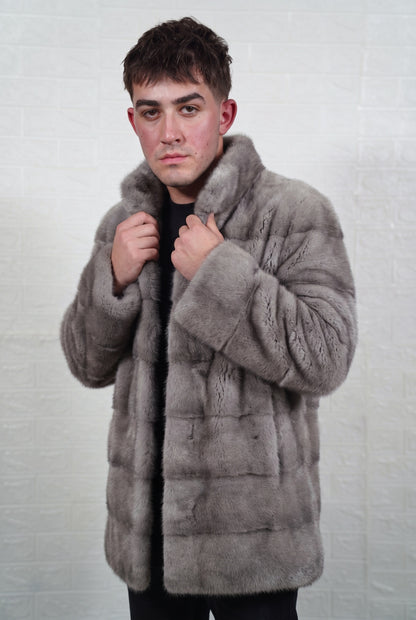 mink fur jacket men natural gray full skin mid length — front view with both hands on the stand collar, cool natural gray mink with a silver sheen and soft darker bands — TatiFurs