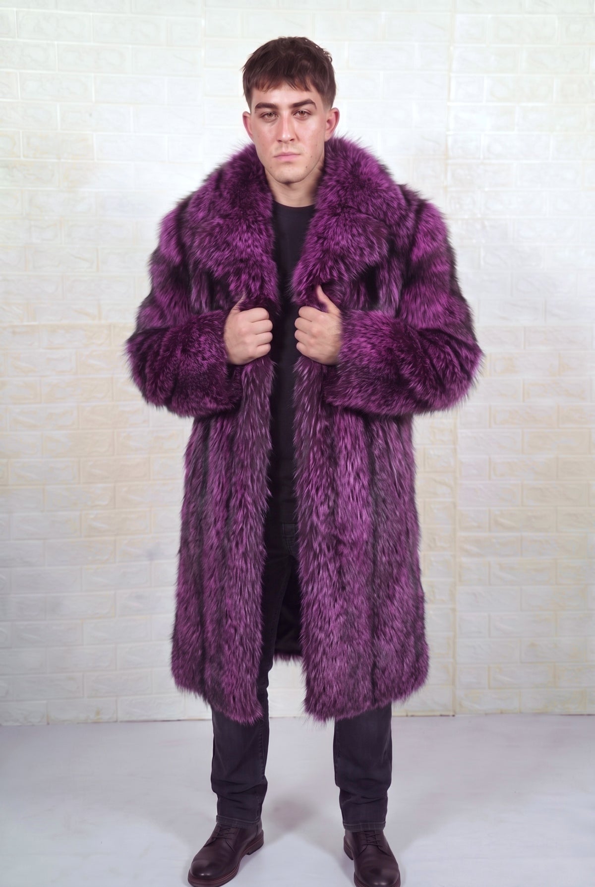 fox fur coat men purple black front view with hands on the fold-down fur collar showing deep violet over jet black fox fur — TatiFurs