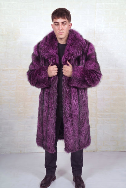 fox fur coat men purple black front view with hands on the fold-down fur collar showing deep violet over jet black fox fur — TatiFurs