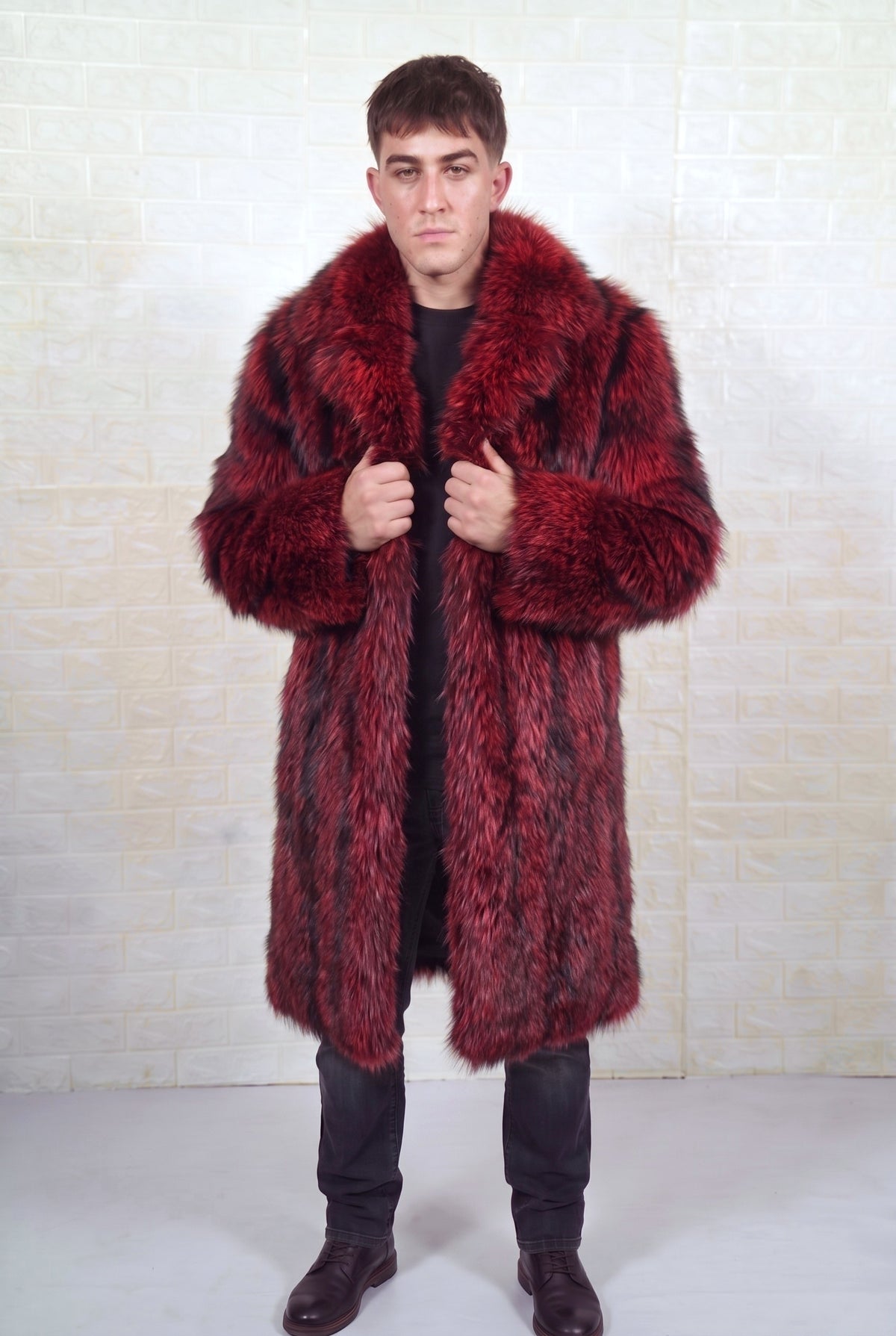 fox fur coat men red black front view with hands on the fold-down fur collar showing deep crimson over jet black fox fur — TatiFurs