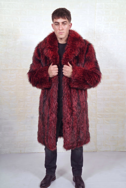 fox fur coat men red black front view with hands on the fold-down fur collar showing deep crimson over jet black fox fur — TatiFurs