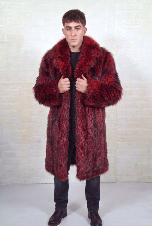fox fur coat men red black front view with hands on the fold-down fur collar showing deep crimson over jet black fox fur — TatiFurs