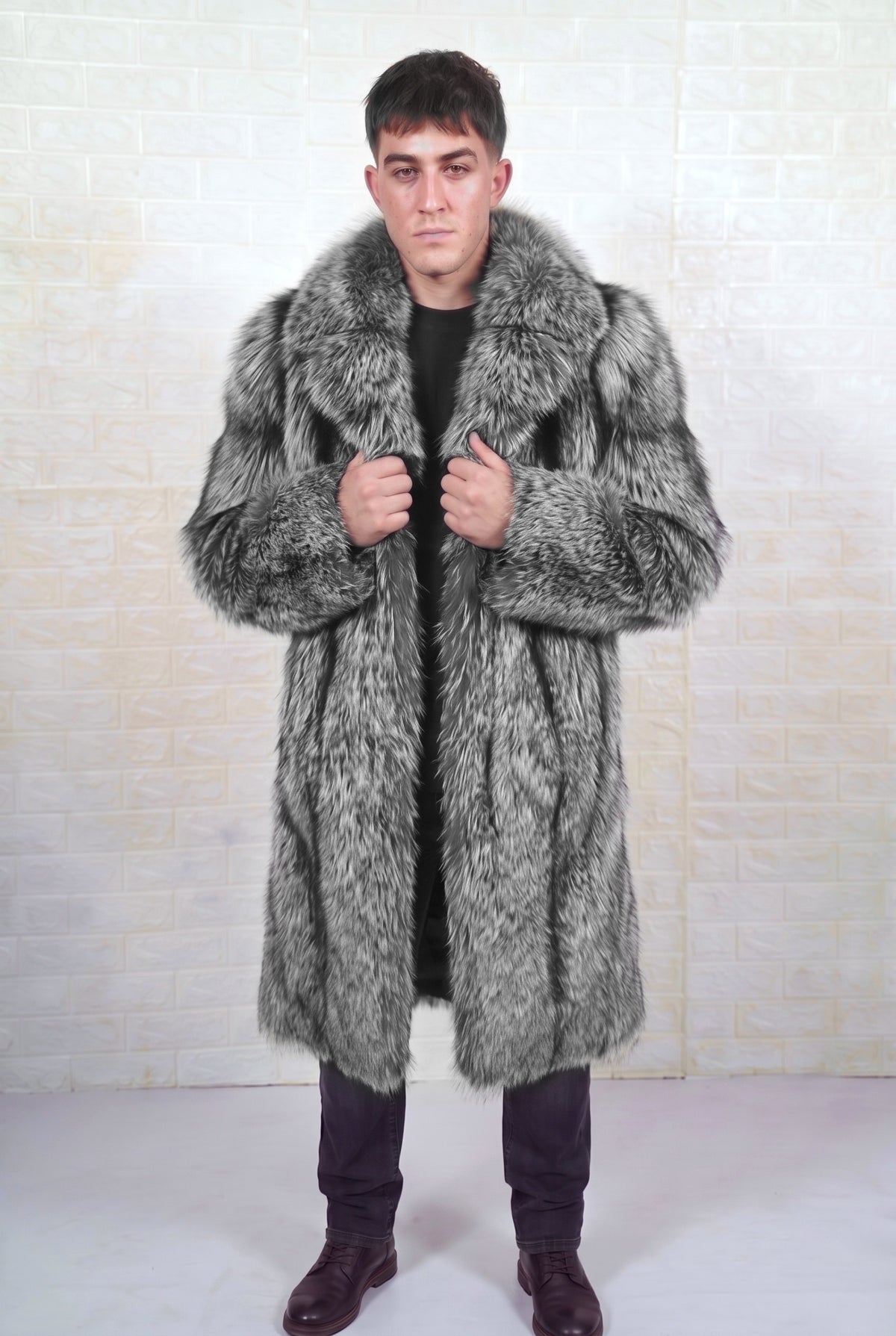 fox fur coat men natural silver front view with hands on the fold-down fur collar showing natural silver fox, black base with silver-white tips fox fur — TatiFurs