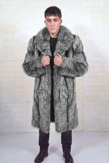 fox fur coat men natural silver front view with hands on the fold-down fur collar showing natural silver fox, black base with silver-white tips fox fur — TatiFurs