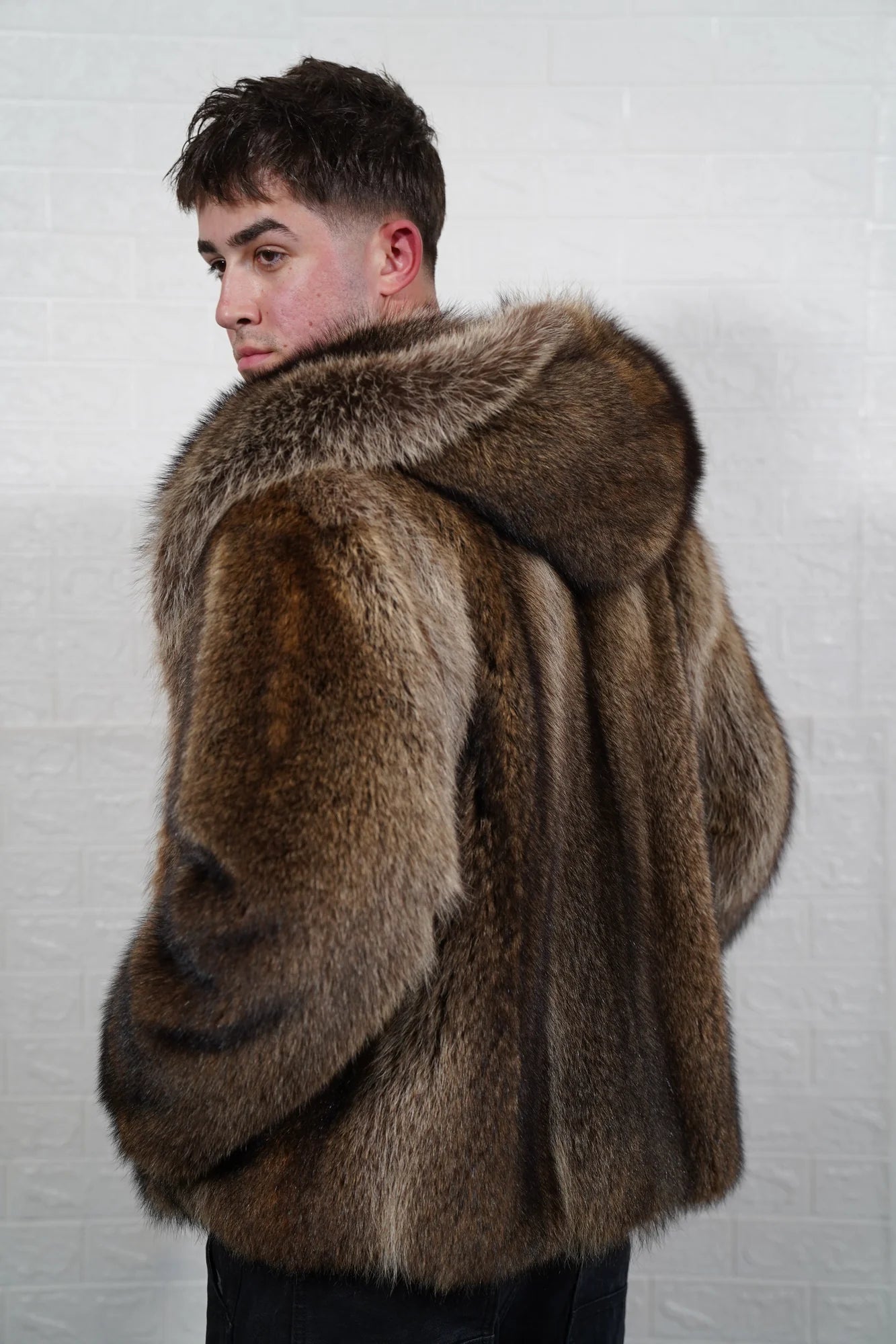 Raccoon fur jacket men natural brown shown full length from front displaying hooded silhouette and button closure in full skin natural raccoon — Greek craftsmanship, TatiFurs
