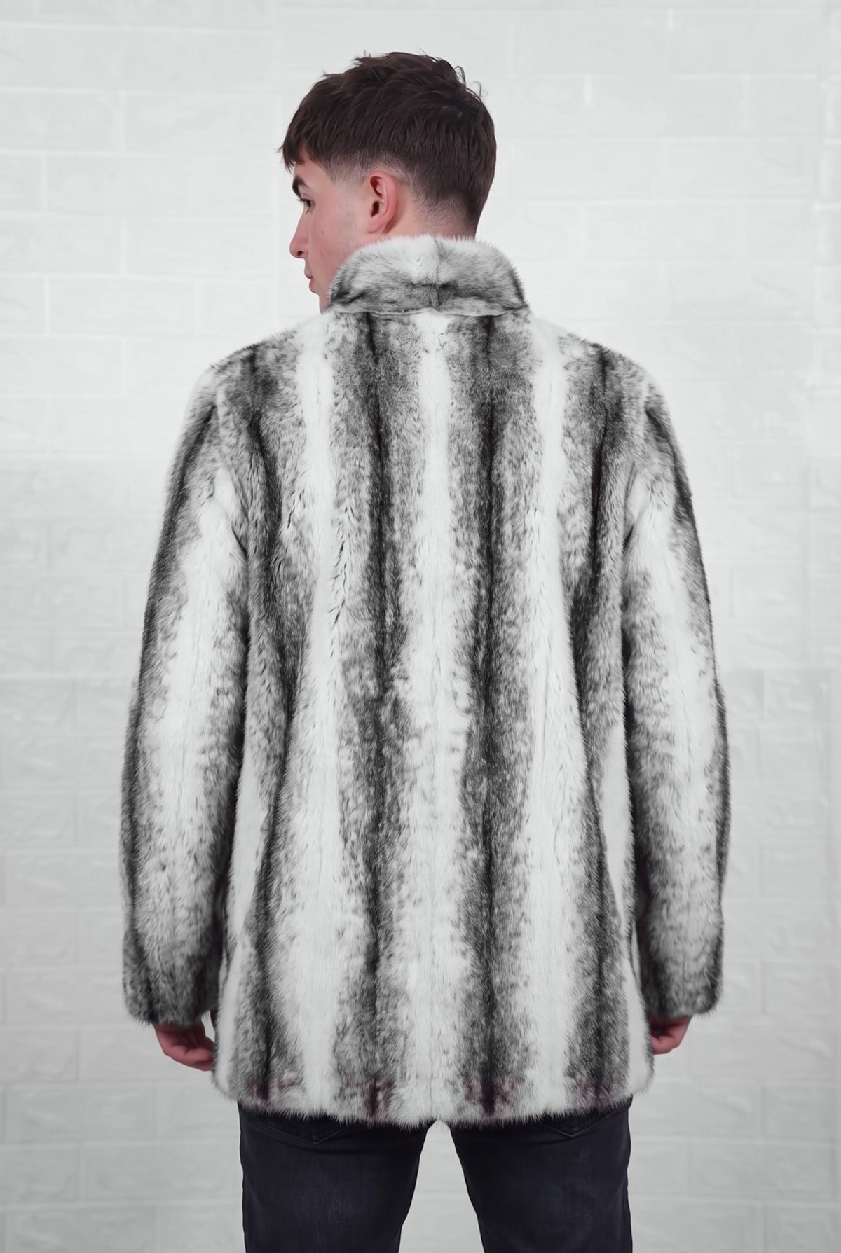 mink fur jacket men black cross back three-quarter view showing the stand collar and mid length silhouette — Greek craftsmanship, TatiFurs