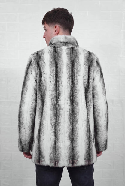 mink fur jacket men black cross back three-quarter view showing the stand collar and mid length silhouette — Greek craftsmanship, TatiFurs