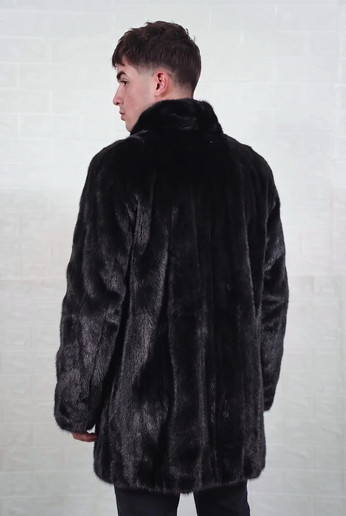 mink fur jacket men black back three-quarter view showing the stand collar and mid length silhouette — Greek craftsmanship, TatiFurs