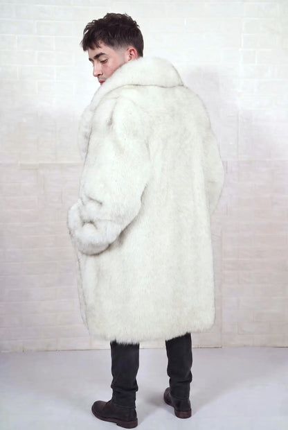 fox fur coat men blue natural back three-quarter view with collar turned up showing long silhouette in natural blue fox, ivory-white underfur with a soft blue-grey veil at the tips fox fur — Greek craftsmanship, TatiFurs