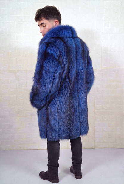 fox fur coat men blue black back three-quarter view with collar turned up showing long silhouette in electric blue over jet black fox fur — Greek craftsmanship, TatiFurs
