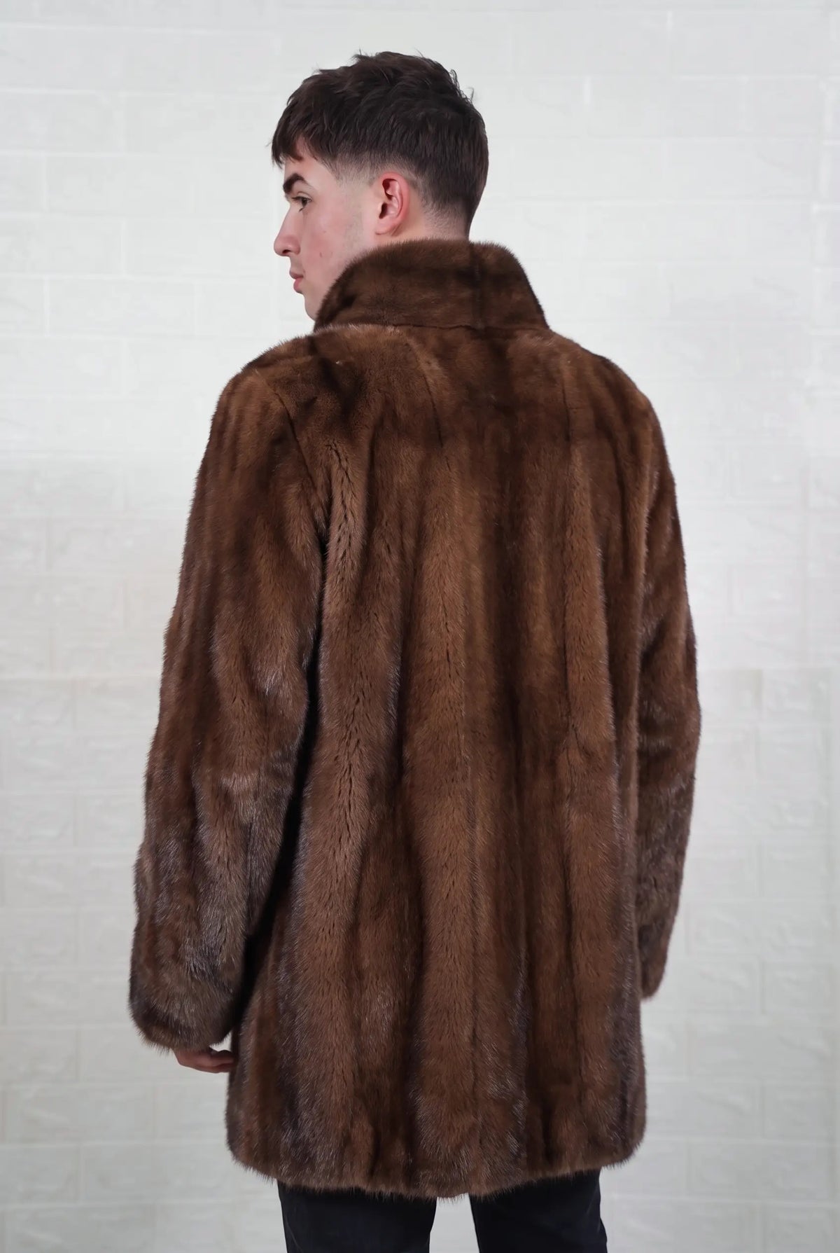 mink fur jacket men brown demi buff back three-quarter view showing the stand collar and mid length silhouette — Greek craftsmanship, TatiFurs