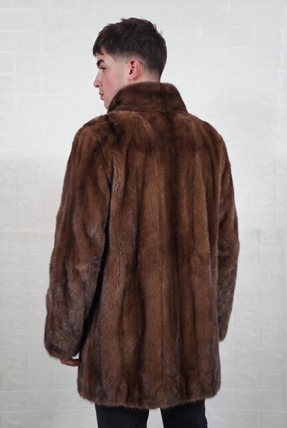 mink fur jacket men brown demi buff back three-quarter view showing the stand collar and mid length silhouette — Greek craftsmanship, TatiFurs