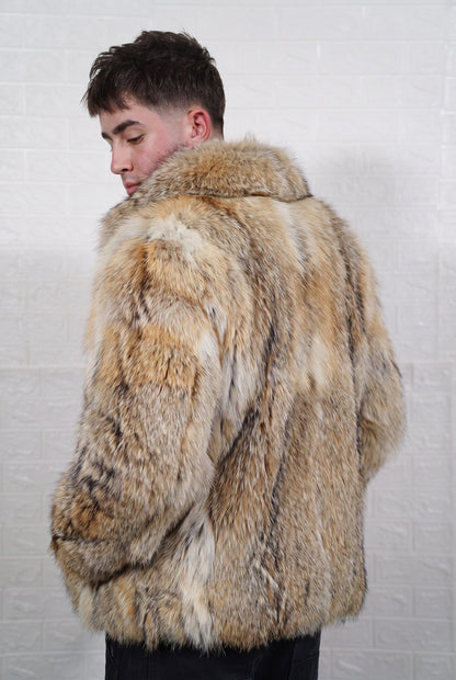 coyote fur jacket men back three-quarter view with collar turned up showing mid-length silhouette in warm golden tan with cream and dark-tipped guard hairs coyote fur — Greek craftsmanship, TatiFurs