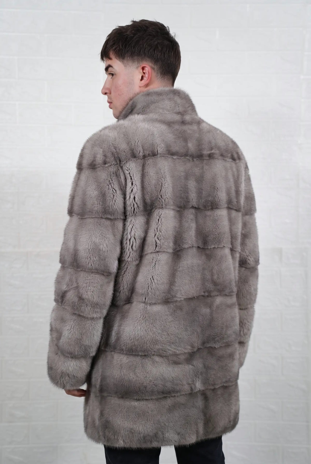 mink fur jacket men natural gray back three-quarter view showing the stand collar and mid length silhouette — Greek craftsmanship, TatiFurs