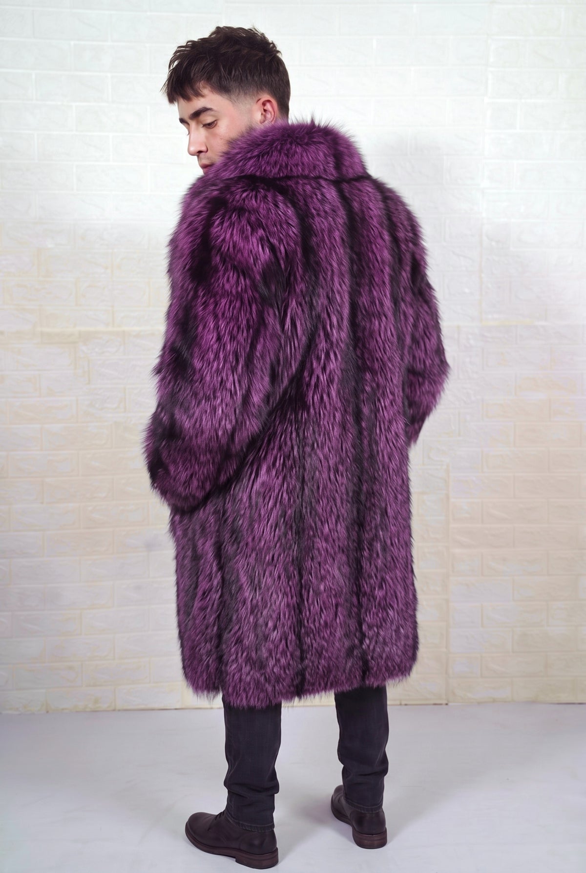 fox fur coat men purple black back three-quarter view with collar turned up showing long silhouette in deep violet over jet black fox fur — Greek craftsmanship, TatiFurs