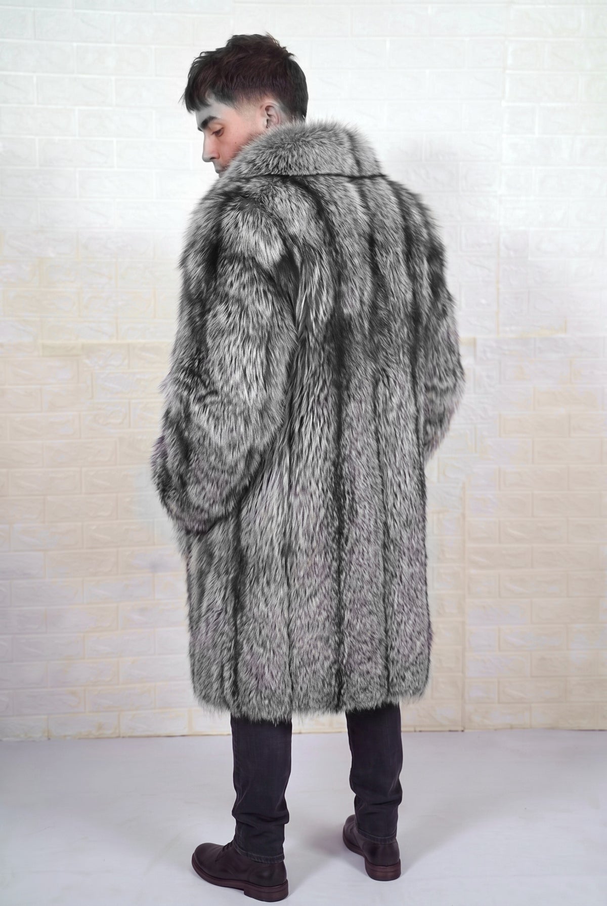 fox fur coat men natural silver back three-quarter view with collar turned up showing long silhouette in natural silver fox, black base with silver-white tips fox fur — Greek craftsmanship, TatiFurs