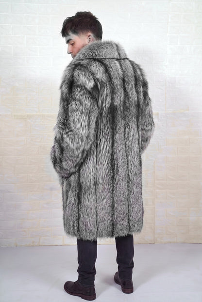 fox fur coat men natural silver back three-quarter view with collar turned up showing long silhouette in natural silver fox, black base with silver-white tips fox fur — Greek craftsmanship, TatiFurs