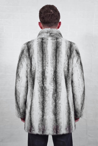 mink fur jacket men black cross shown from the back displaying the full mid length silhouette and even snow white mink with soft feathered charcoal cross stripes down every pelt — Greek craftsmanship, TatiFurs