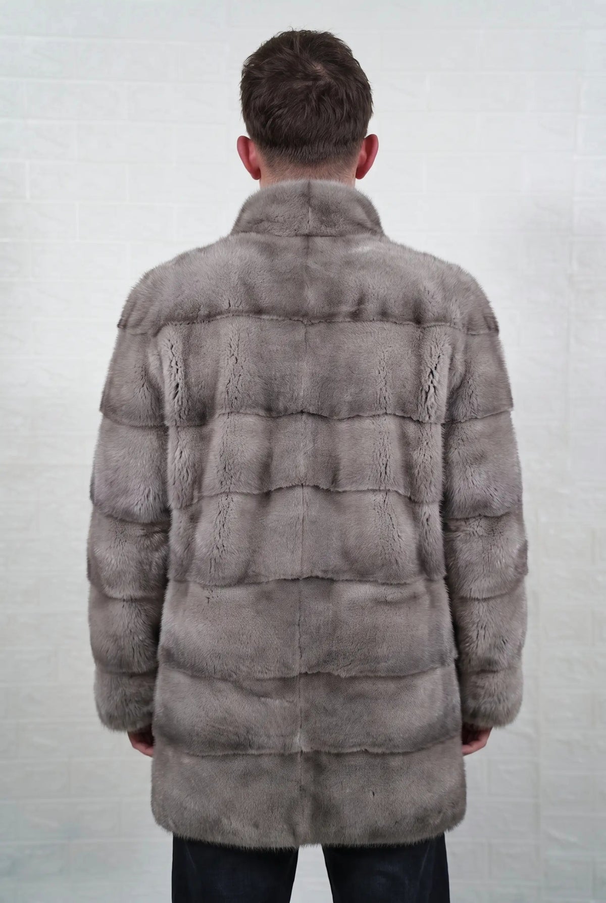 mink fur jacket men natural gray shown from the back displaying the full mid length silhouette and even cool natural gray mink with a silver sheen and soft darker bands — Greek craftsmanship, TatiFurs