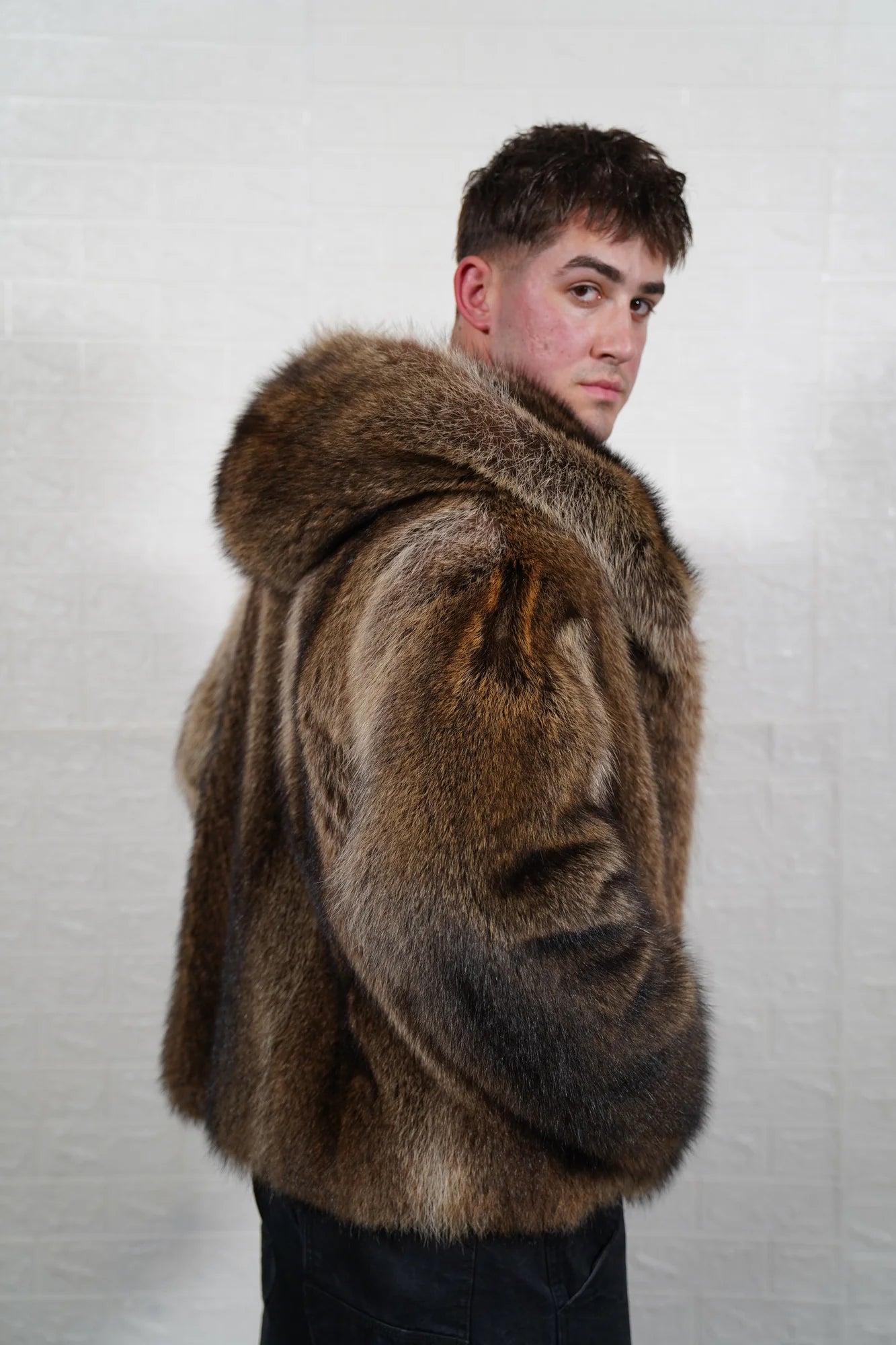 Raccoon fur jacket men natural brown velvet hood interior detail showing soft velvet lining contrast against dramatic natural raccoon exterior — Greek craftsmanship, TatiFurs
