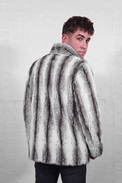 mink fur jacket men black cross three-quarter back view looking over the shoulder, snow white mink with soft feathered charcoal cross stripes down every pelt — Greek craftsmanship, TatiFurs