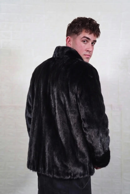 mink fur jacket men black three-quarter back view looking over the shoulder, glossy jet black mink with a rich, even sheen — Greek craftsmanship, TatiFurs