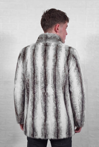 mink fur jacket men black cross back view from the side showing the full skin pelt lines and satin-lined mid length cut — TatiFurs