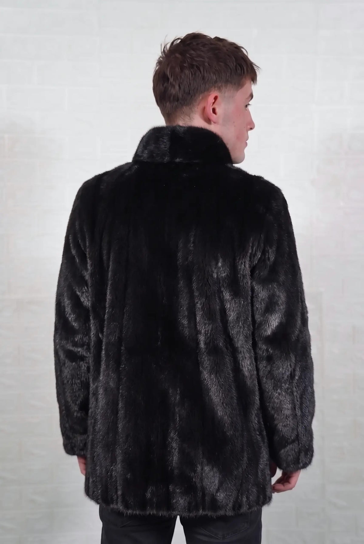 mink fur jacket men black back view from the side showing the full skin pelt lines and satin-lined mid length cut — TatiFurs