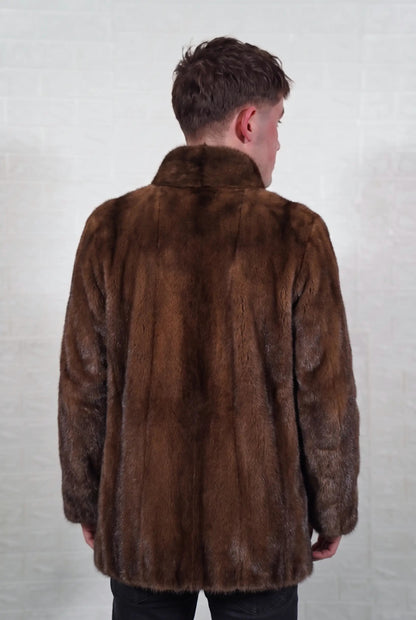 mink fur jacket men brown demi buff back view from the side showing the full skin pelt lines and satin-lined mid length cut — TatiFurs