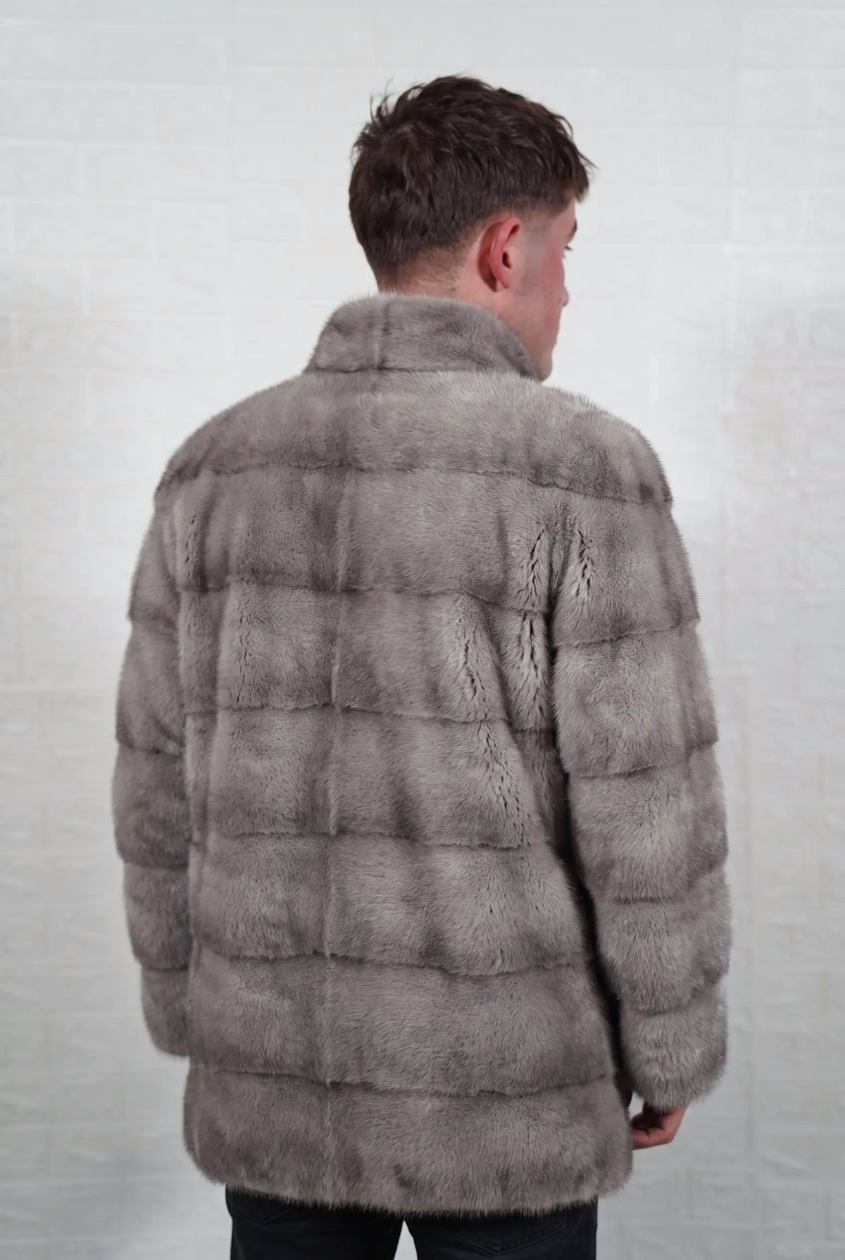 mink fur jacket men natural gray back view from the side showing the full skin pelt lines and satin-lined mid length cut — TatiFurs