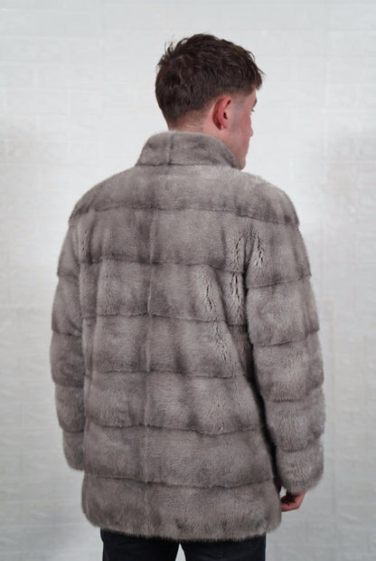 mink fur jacket men natural gray back view from the side showing the full skin pelt lines and satin-lined mid length cut — TatiFurs