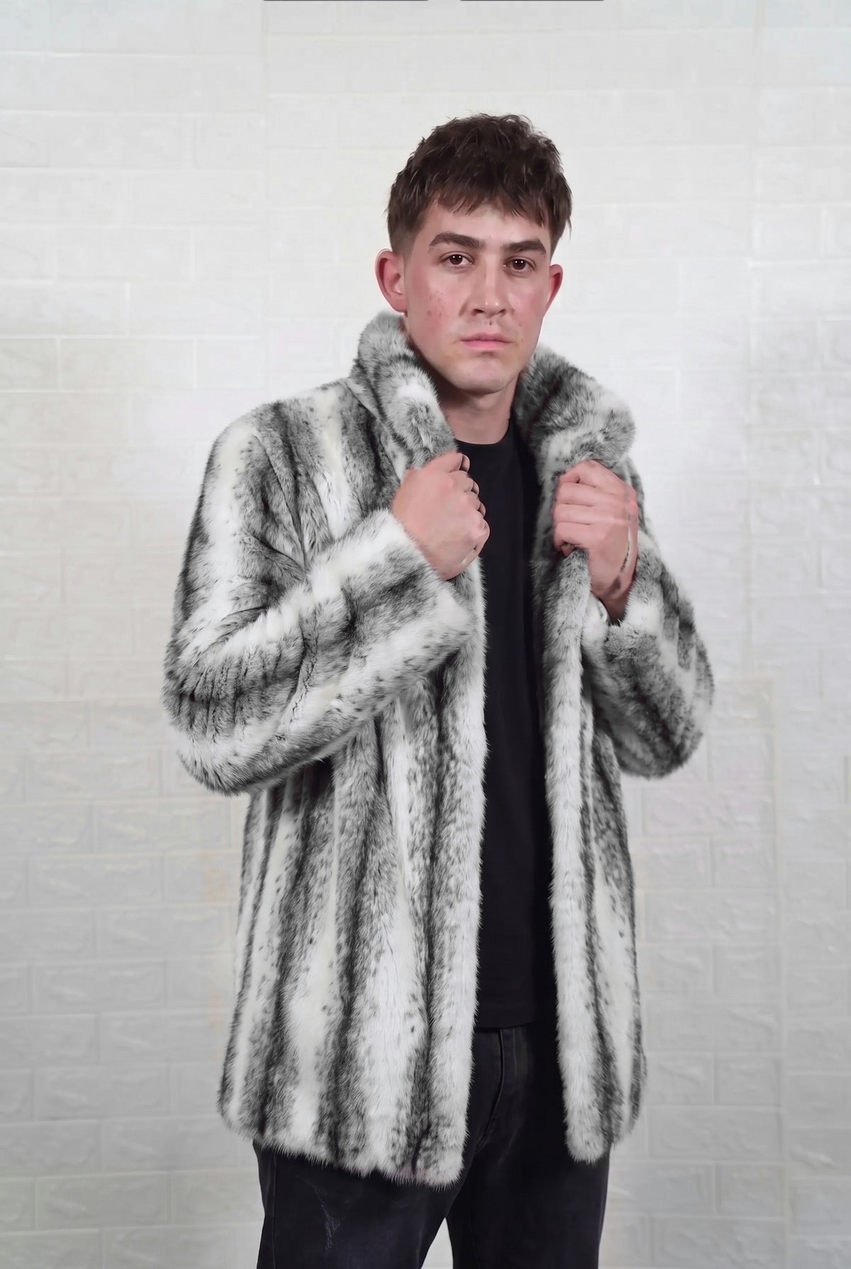 mink fur jacket men black cross front view, collar held open, showing the full skin pelts and snow white mink with soft feathered charcoal cross stripes down every pelt — TatiFurs