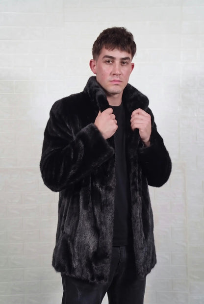 mink fur jacket men black front view, collar held open, showing the full skin pelts and glossy jet black mink with a rich, even sheen — TatiFurs