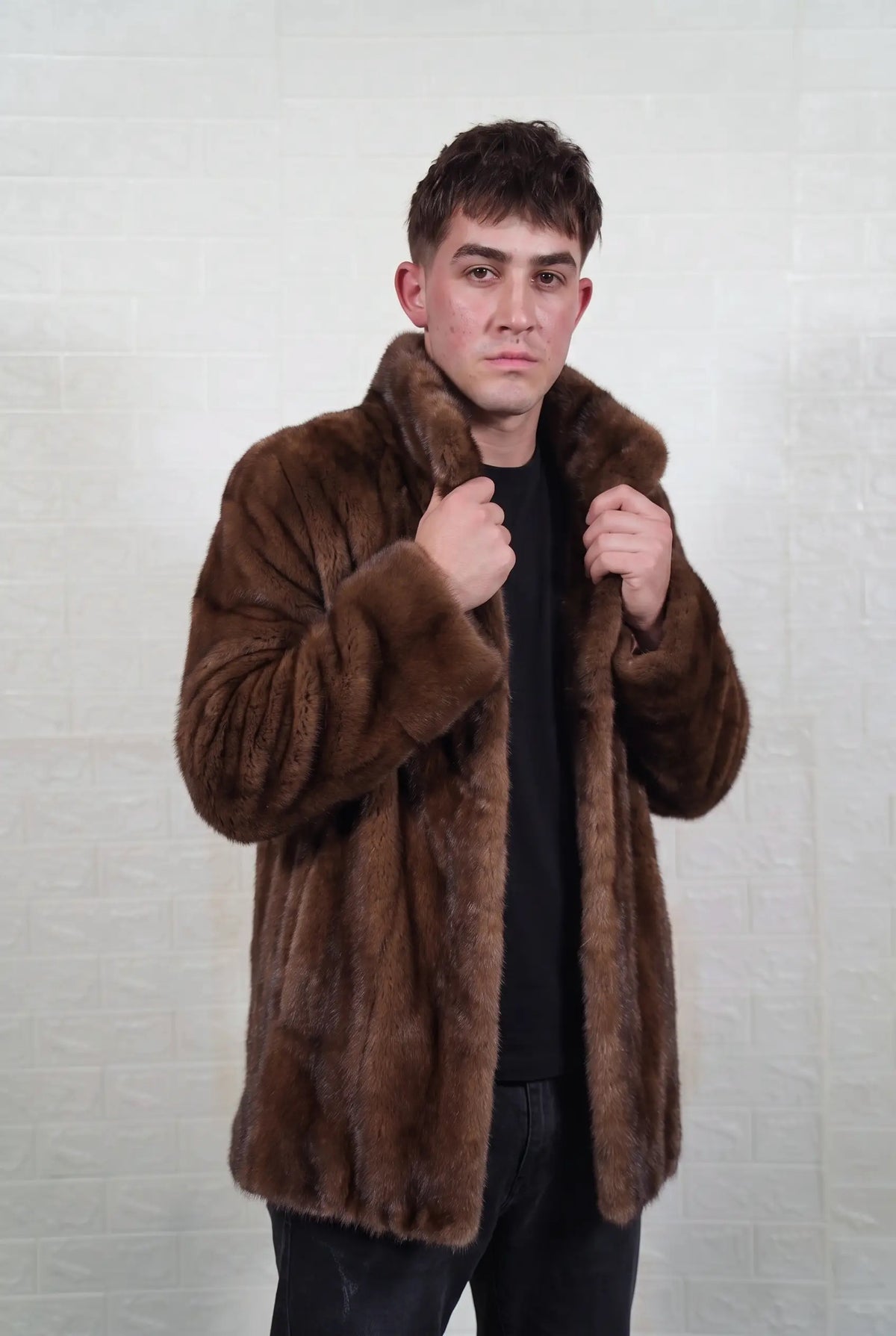 mink fur jacket men brown demi buff front view, collar held open, showing the full skin pelts and warm brown demi buff mink with a golden-chestnut glow and darker guard hair — TatiFurs