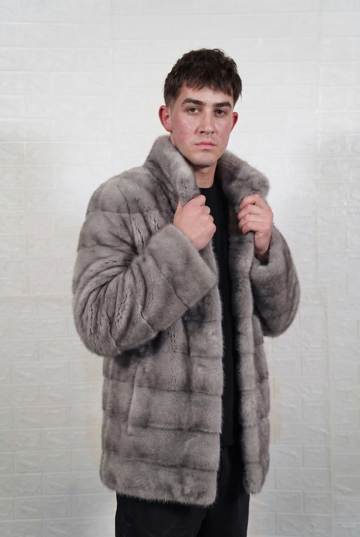 mink fur jacket men natural gray front view, collar held open, showing the full skin pelts and cool natural gray mink with a silver sheen and soft darker bands — TatiFurs
