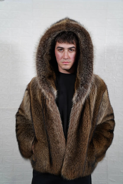 Raccoon fur jacket men natural brown displaying full skin warm brown raccoon and below hip hooded silhouette — Greek craftsmanship, TatiFurs
